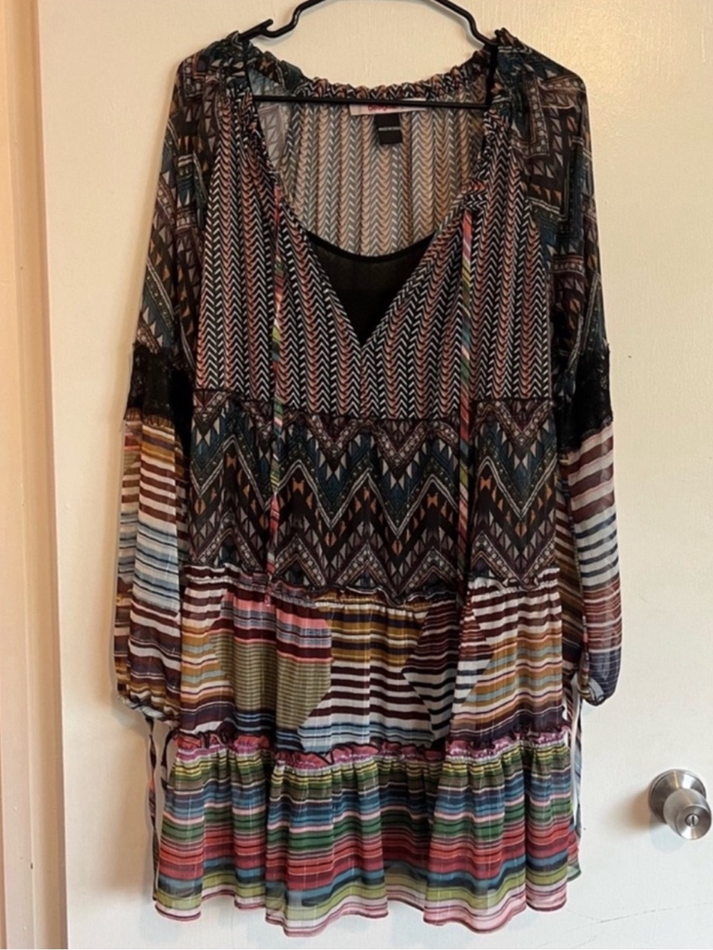 Desigual tiered long sleeve sheer multi pattern mini dress US size 8